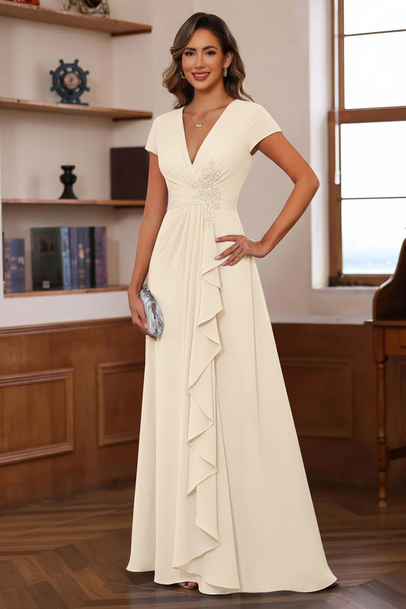 A-Line/Princess Plunge V-Neck Short Sleeves Floor-Length Pleated Mother of the Bride Dresses with Ruffles & Appliques