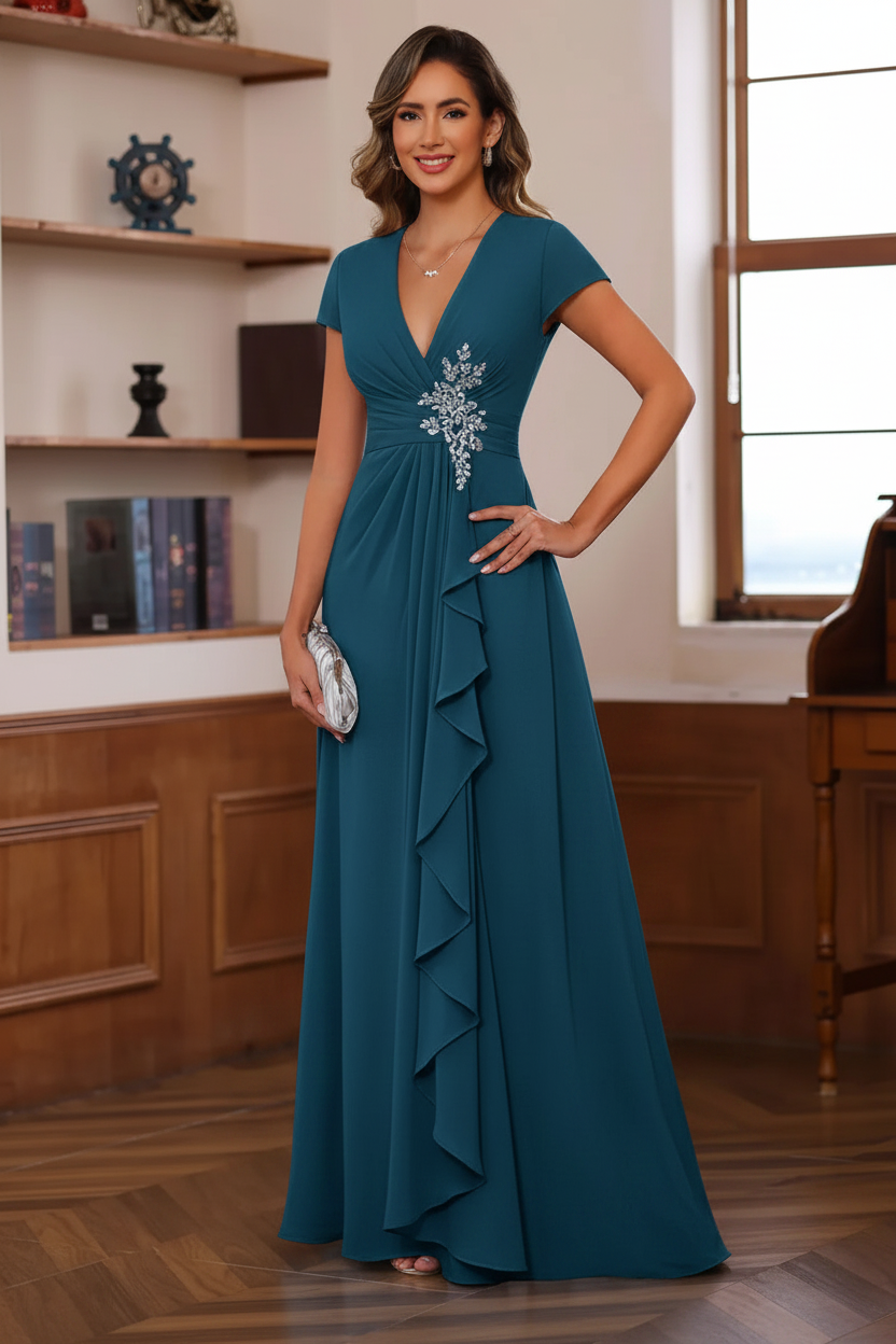 A-Line/Princess Plunge V-Neck Short Sleeves Floor-Length Pleated Mother of the Bride Dresses with Ruffles & Appliques