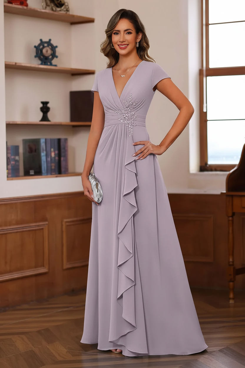 A-Line/Princess Plunge V-Neck Short Sleeves Floor-Length Pleated Mother of the Bride Dresses with Ruffles & Appliques
