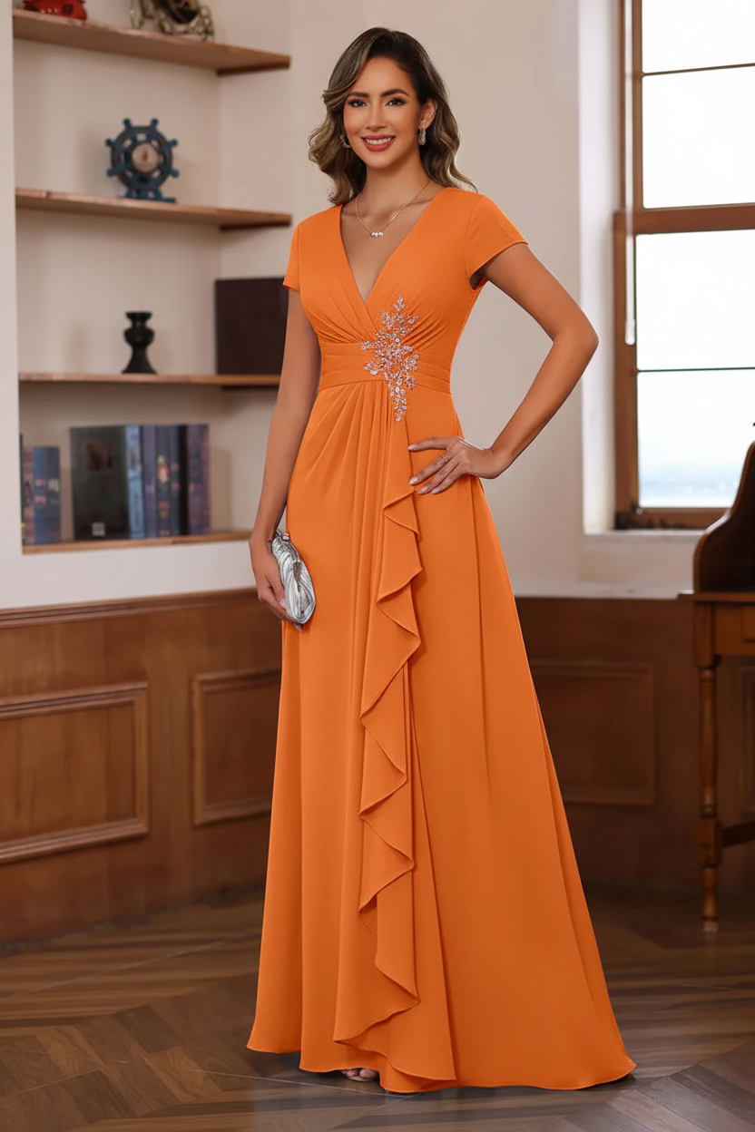 A-Line/Princess Plunge V-Neck Short Sleeves Floor-Length Pleated Mother of the Bride Dresses with Ruffles & Appliques