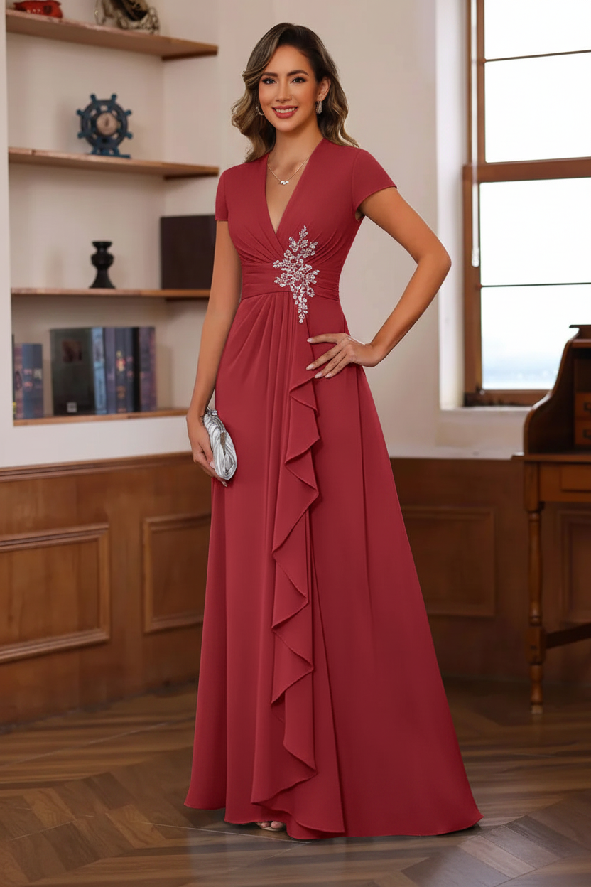 A-Line/Princess Plunge V-Neck Short Sleeves Floor-Length Pleated Mother of the Bride Dresses with Ruffles & Appliques
