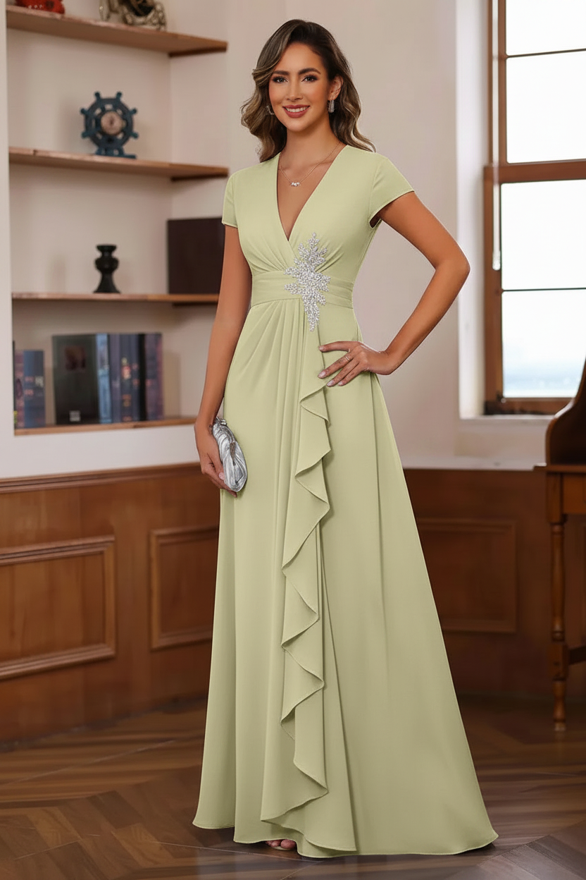 A-Line/Princess Plunge V-Neck Short Sleeves Floor-Length Pleated Mother of the Bride Dresses with Ruffles & Appliques