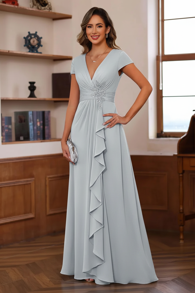 A-Line/Princess Plunge V-Neck Short Sleeves Floor-Length Pleated Mother of the Bride Dresses with Ruffles & Appliques