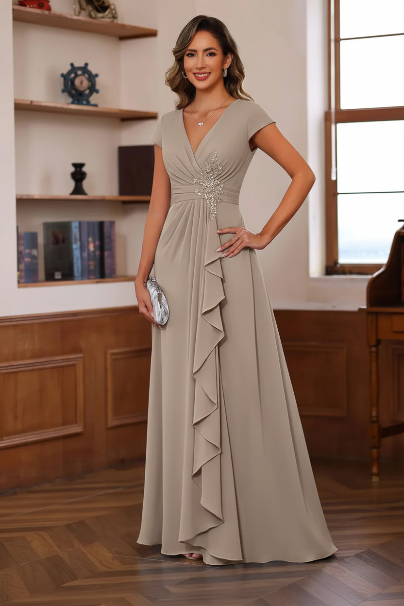 A-Line/Princess Plunge V-Neck Short Sleeves Floor-Length Pleated Mother of the Bride Dresses with Ruffles & Appliques