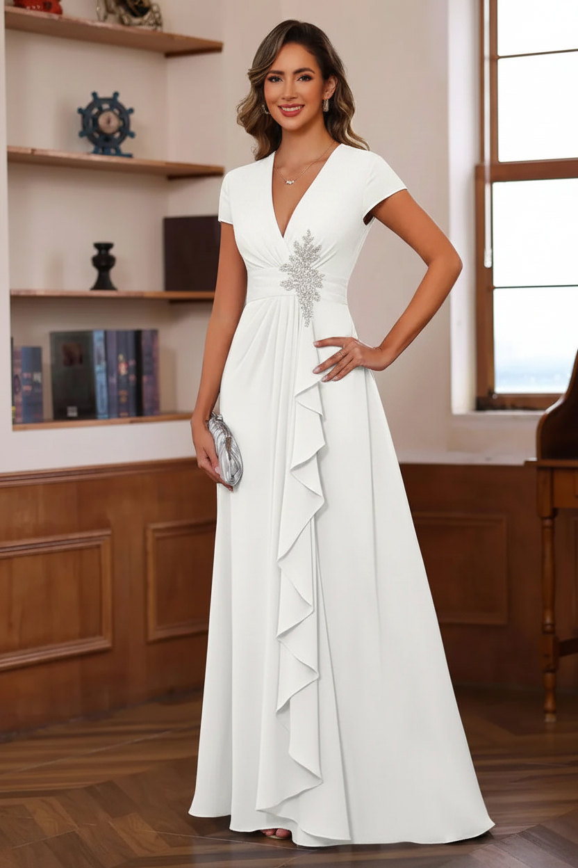 A-Line/Princess Plunge V-Neck Short Sleeves Floor-Length Pleated Mother of the Bride Dresses with Ruffles & Appliques