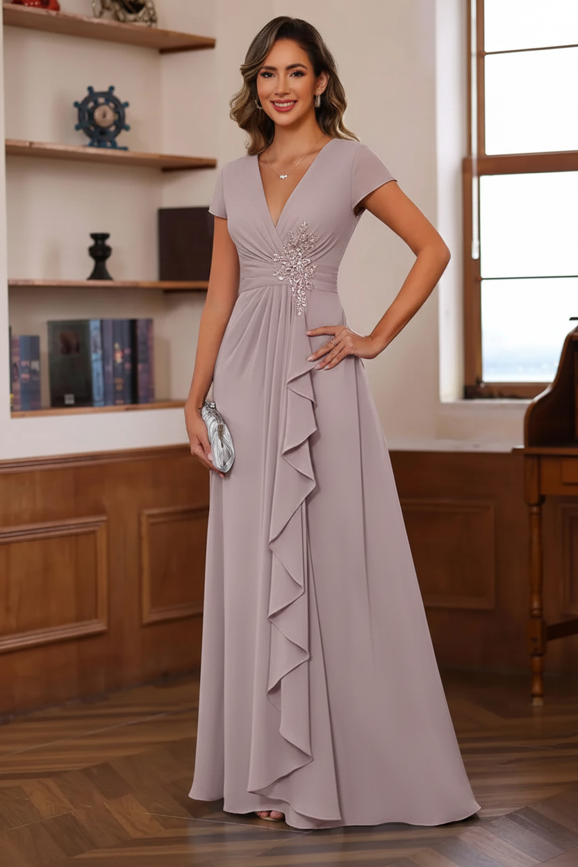 A-Line/Princess Plunge V-Neck Short Sleeves Floor-Length Pleated Mother of the Bride Dresses with Ruffles & Appliques