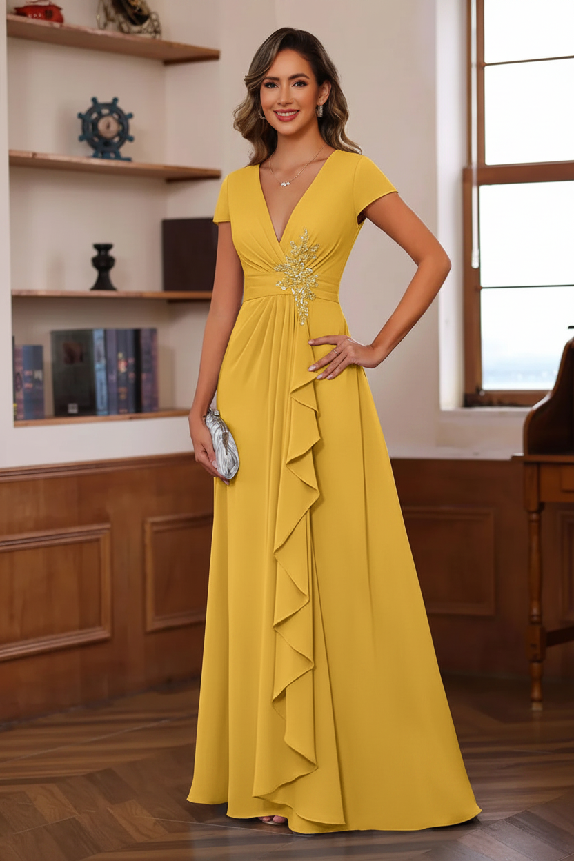 A-Line/Princess Plunge V-Neck Short Sleeves Floor-Length Pleated Mother of the Bride Dresses with Ruffles & Appliques