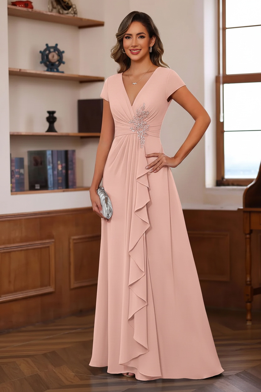 A-Line/Princess Plunge V-Neck Short Sleeves Floor-Length Pleated Mother of the Bride Dresses with Ruffles & Appliques