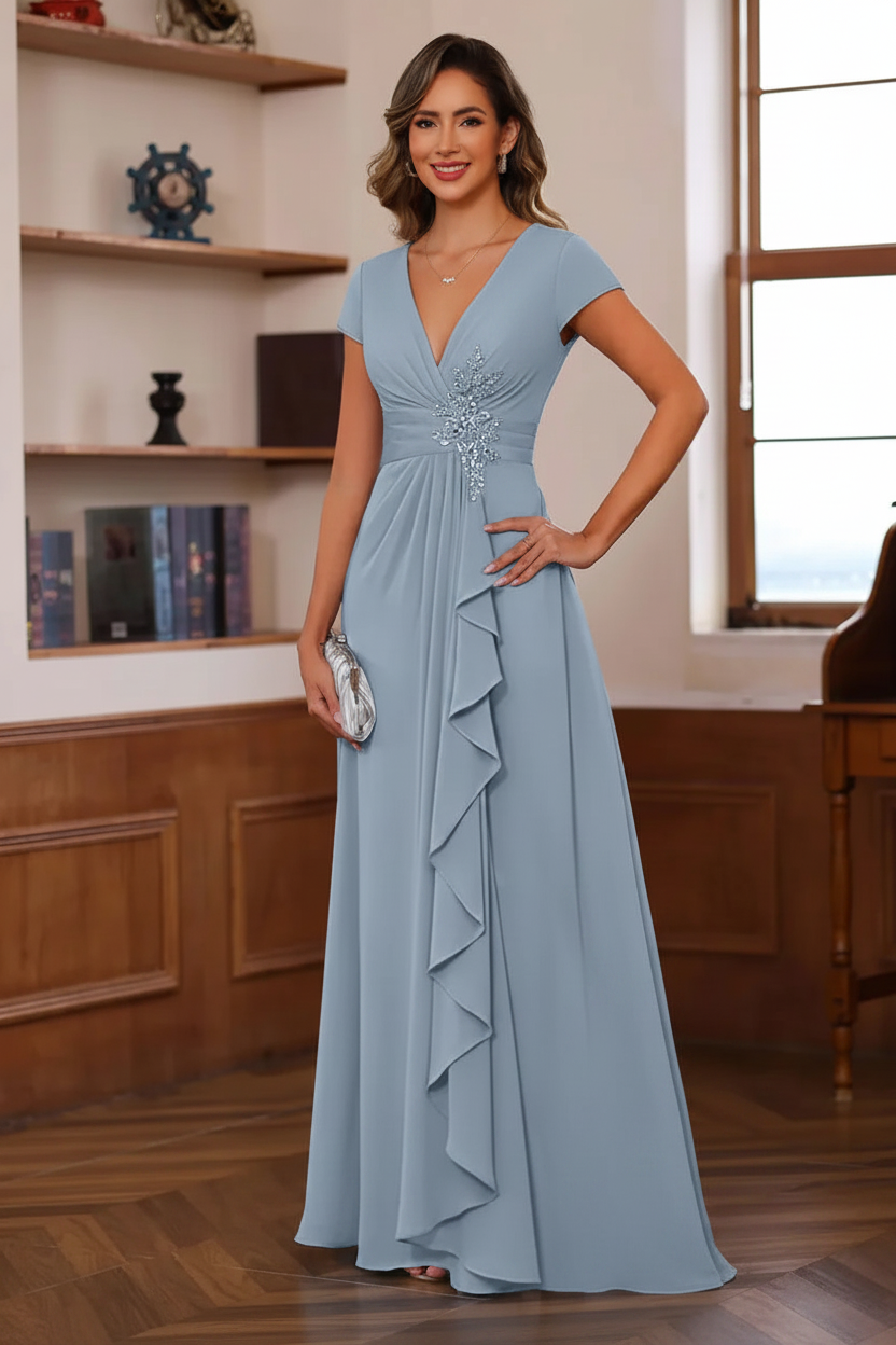 A-Line/Princess Plunge V-Neck Short Sleeves Floor-Length Pleated Mother of the Bride Dresses with Ruffles & Appliques