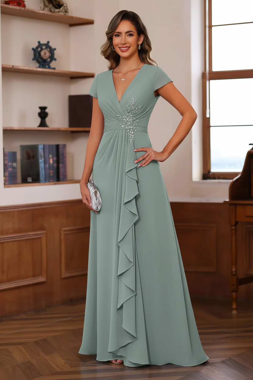 A-Line/Princess Plunge V-Neck Short Sleeves Floor-Length Pleated Mother of the Bride Dresses with Ruffles & Appliques