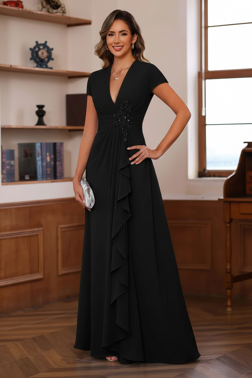 A-Line/Princess Plunge V-Neck Short Sleeves Floor-Length Pleated Mother of the Bride Dresses with Ruffles & Appliques