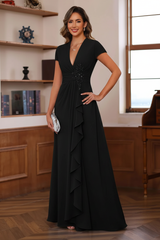 A-Line/Princess Plunge V-Neck Short Sleeves Floor-Length Pleated Mother of the Bride Dresses with Ruffles & Appliques