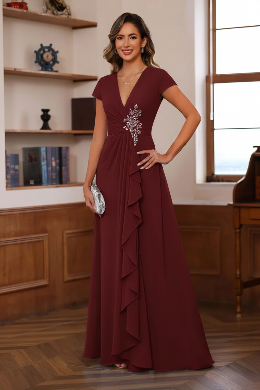 A-Line/Princess Plunge V-Neck Short Sleeves Floor-Length Pleated Mother of the Bride Dresses with Ruffles & Appliques