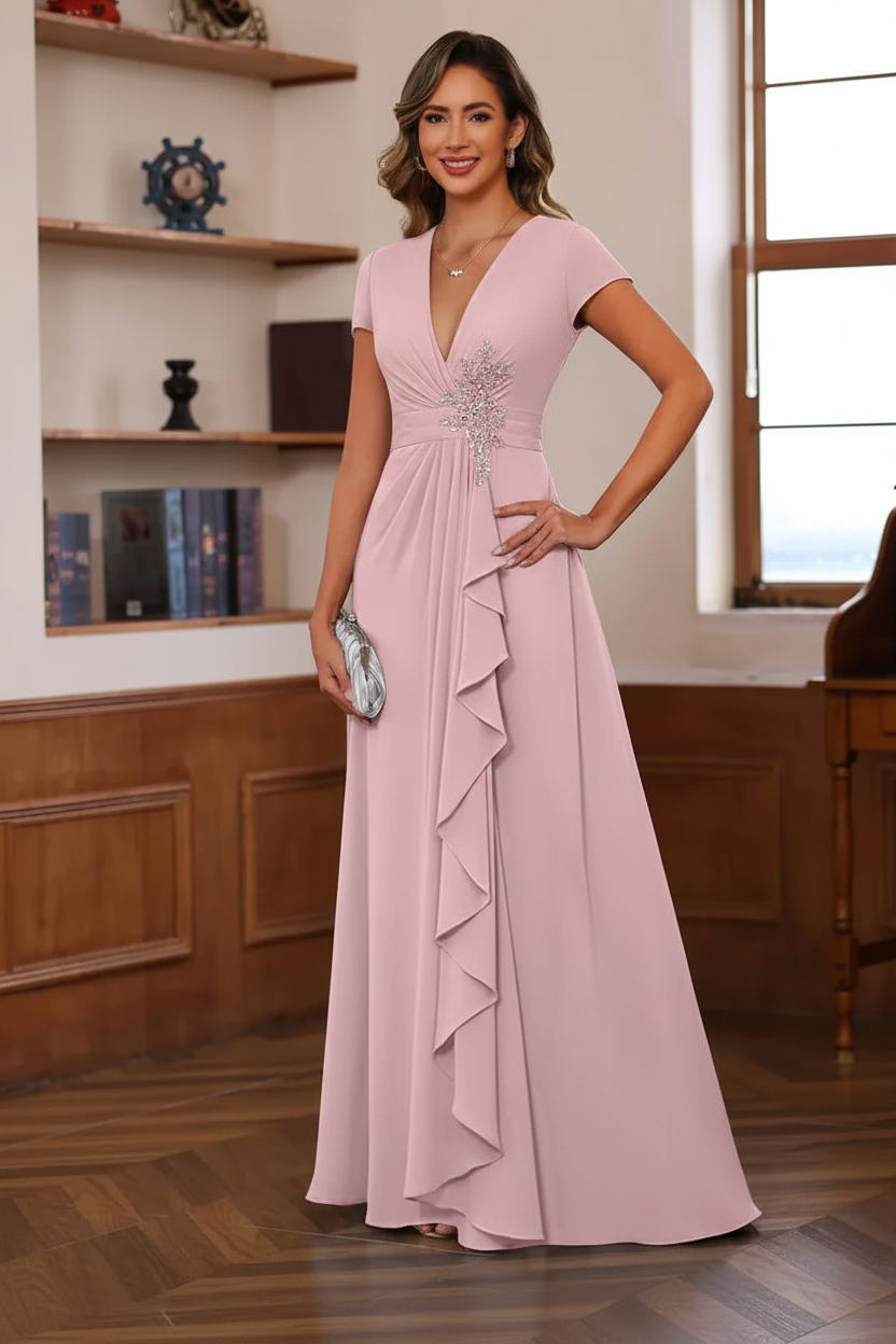 A-Line/Princess Plunge V-Neck Short Sleeves Floor-Length Pleated Mother of the Bride Dresses with Ruffles & Appliques