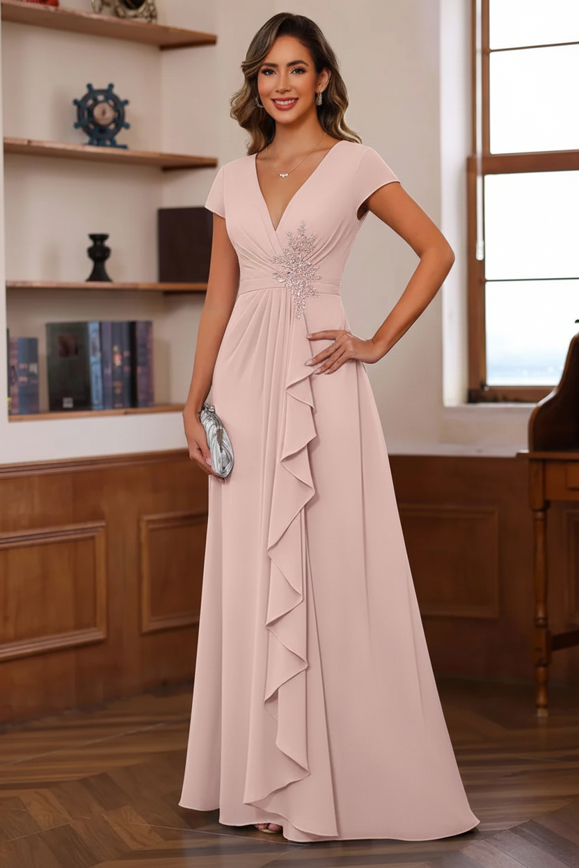 A-Line/Princess Plunge V-Neck Short Sleeves Floor-Length Pleated Mother of the Bride Dresses with Ruffles & Appliques