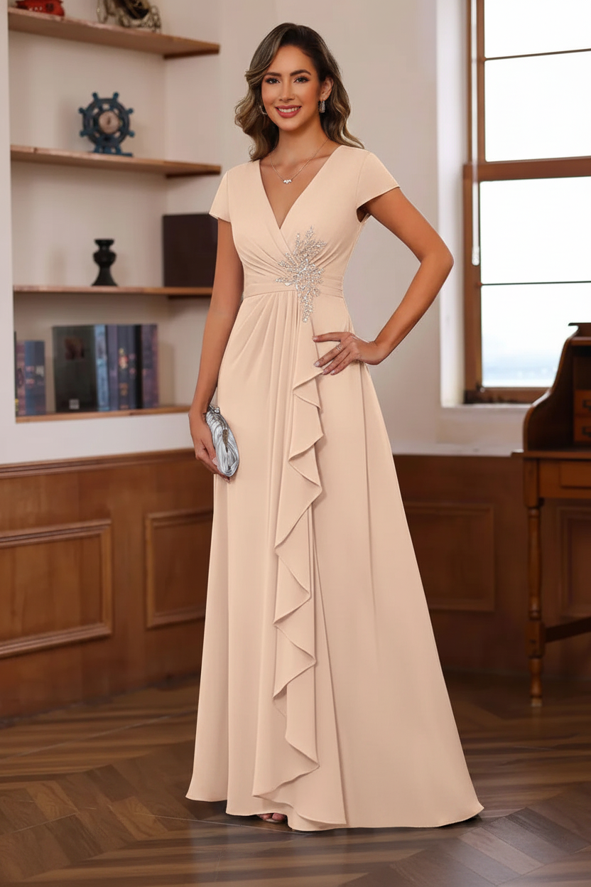 A-Line/Princess Plunge V-Neck Short Sleeves Floor-Length Pleated Mother of the Bride Dresses with Ruffles & Appliques