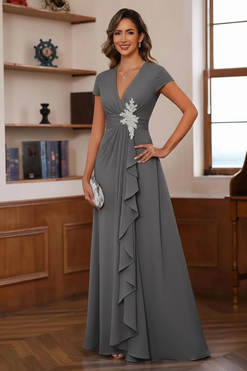 A-Line/Princess Plunge V-Neck Short Sleeves Floor-Length Pleated Mother of the Bride Dresses with Ruffles & Appliques