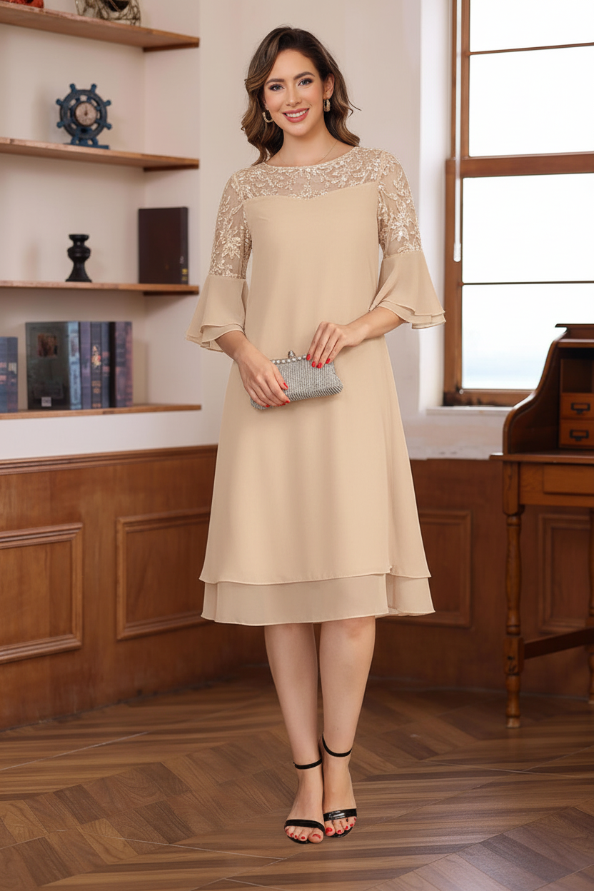 A-Line/Princess Round Neck 1/2 Sleeves Knee Length Mother of the Bride & Groom Dresses with Lace Appliques & Ruffles
