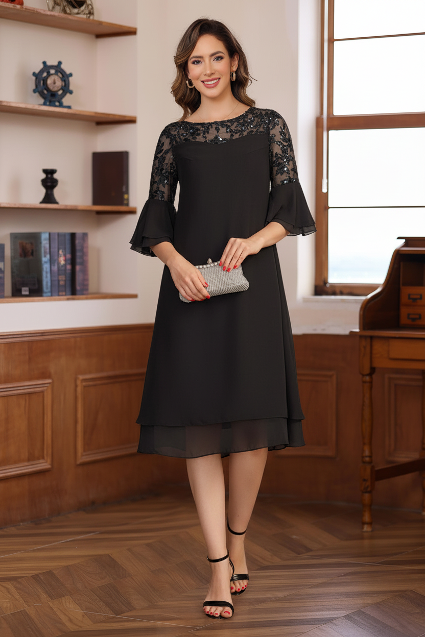 A-Line/Princess Round Neck 1/2 Sleeves Knee Length Mother of the Bride & Groom Dresses with Lace Appliques & Ruffles