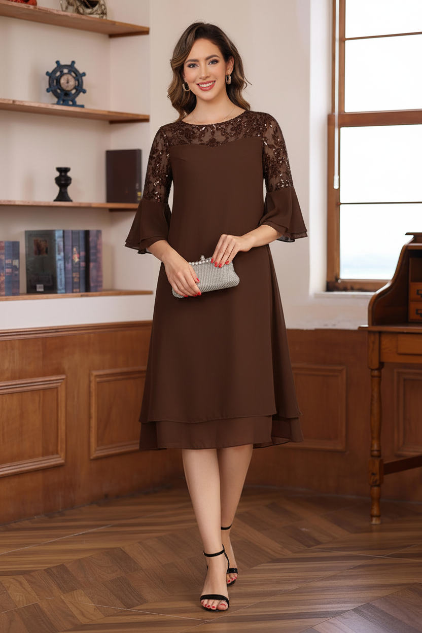 A-Line/Princess Round Neck 1/2 Sleeves Knee Length Mother of the Bride & Groom Dresses with Lace Appliques & Ruffles
