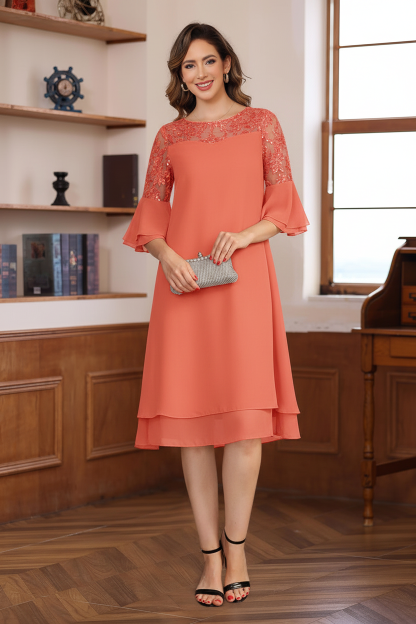 A-Line/Princess Round Neck 1/2 Sleeves Knee Length Mother of the Bride & Groom Dresses with Lace Appliques & Ruffles