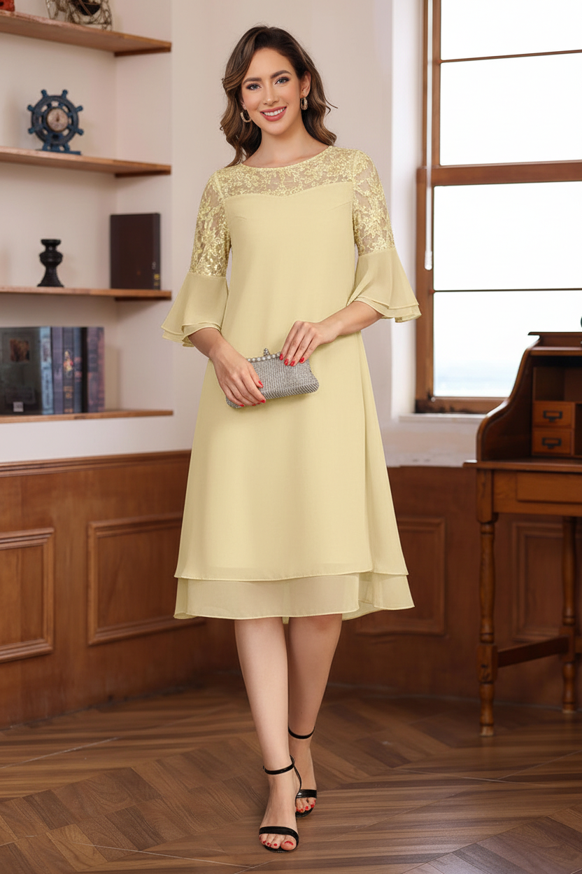 A-Line/Princess Round Neck 1/2 Sleeves Knee Length Mother of the Bride & Groom Dresses with Lace Appliques & Ruffles