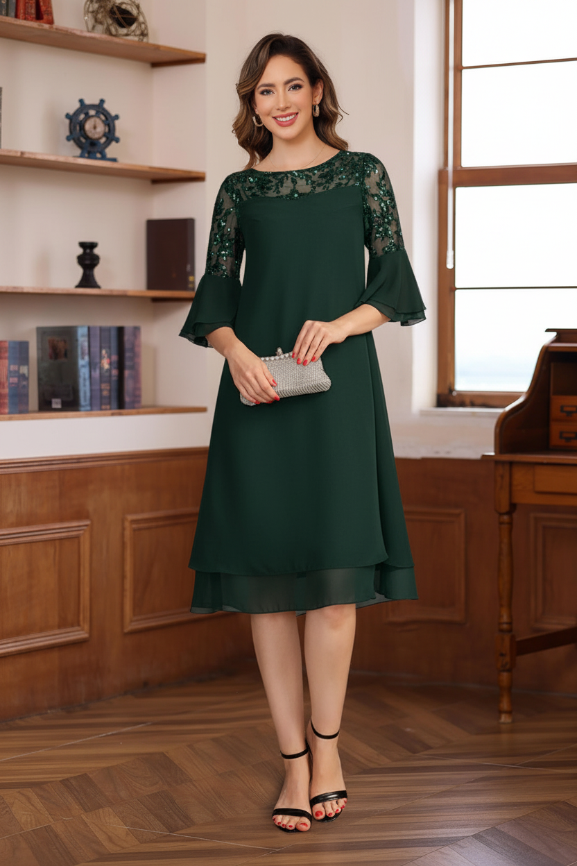 A-Line/Princess Round Neck 1/2 Sleeves Knee Length Mother of the Bride & Groom Dresses with Lace Appliques & Ruffles