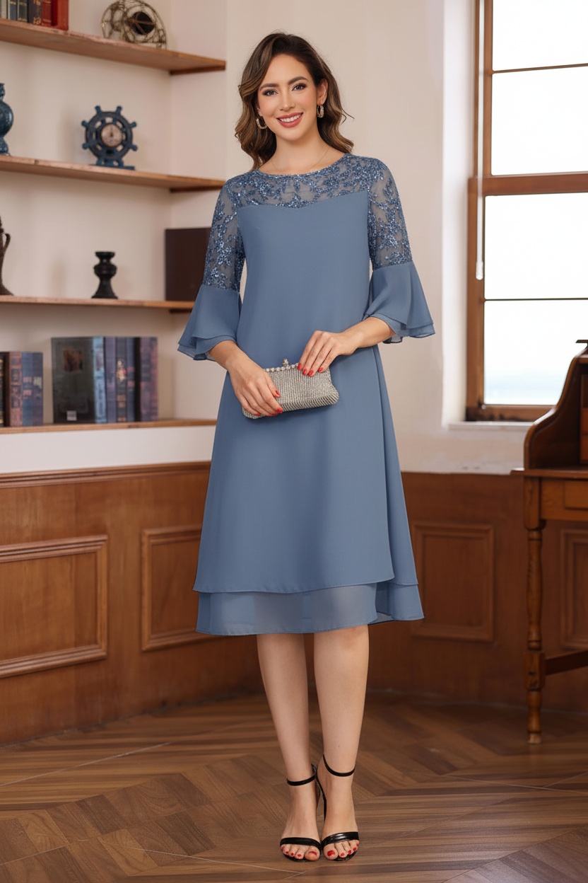 A-Line/Princess Round Neck 1/2 Sleeves Knee Length Mother of the Bride & Groom Dresses with Lace Appliques & Ruffles
