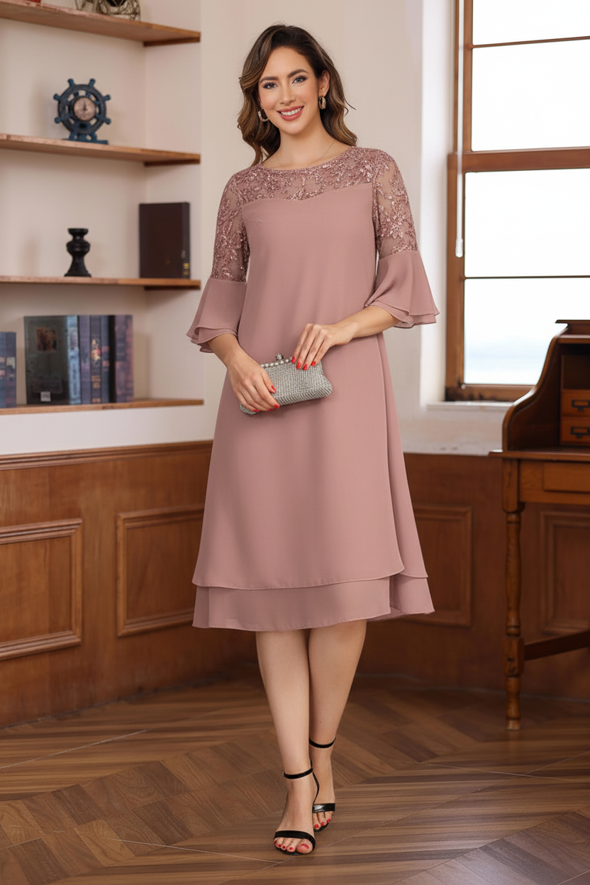 A-Line/Princess Round Neck 1/2 Sleeves Knee Length Mother of the Bride & Groom Dresses with Lace Appliques & Ruffles