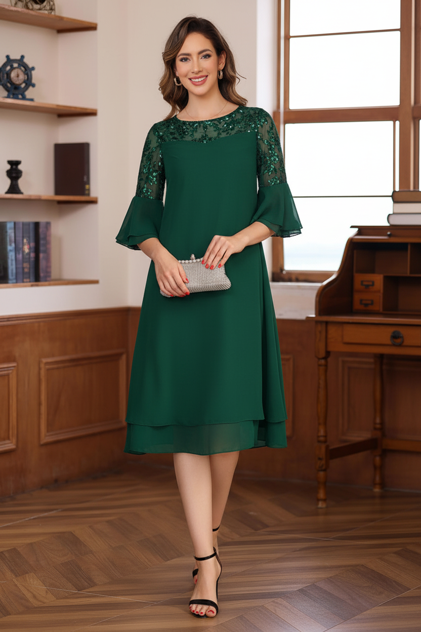 A-Line/Princess Round Neck 1/2 Sleeves Knee Length Mother of the Bride & Groom Dresses with Lace Appliques & Ruffles
