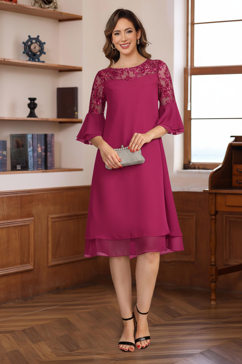 A-Line/Princess Round Neck 1/2 Sleeves Knee Length Mother of the Bride & Groom Dresses with Lace Appliques & Ruffles