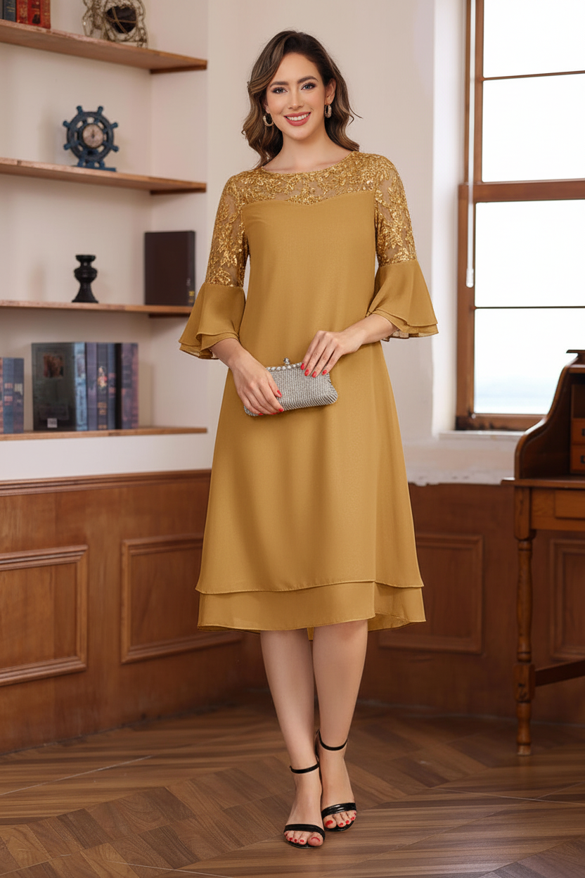 A-Line/Princess Round Neck 1/2 Sleeves Knee Length Mother of the Bride & Groom Dresses with Lace Appliques & Ruffles
