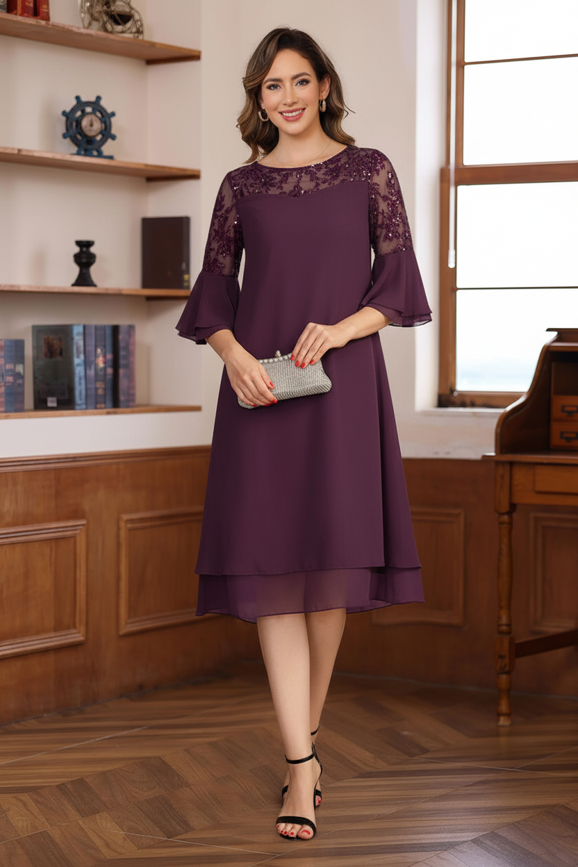 A-Line/Princess Round Neck 1/2 Sleeves Knee Length Mother of the Bride & Groom Dresses with Lace Appliques & Ruffles