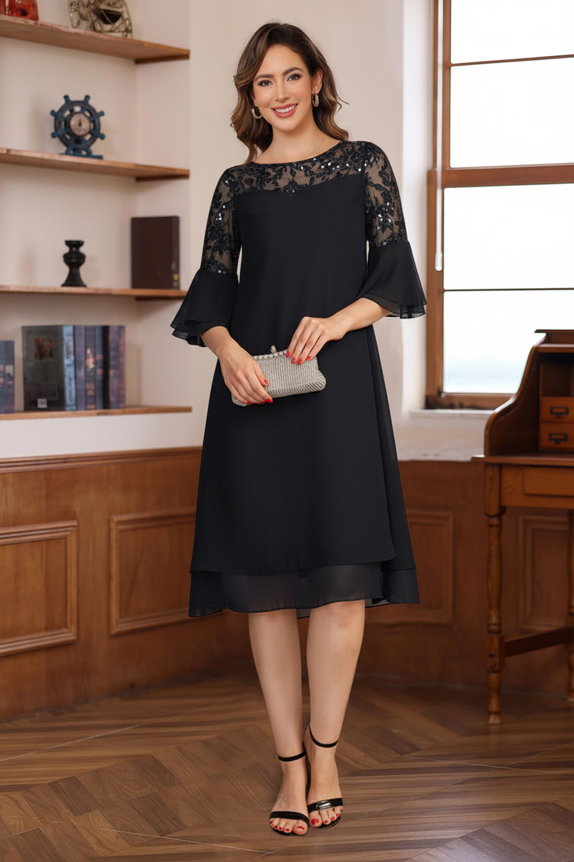 A-Line/Princess Round Neck 1/2 Sleeves Knee Length Mother of the Bride & Groom Dresses with Lace Appliques & Ruffles