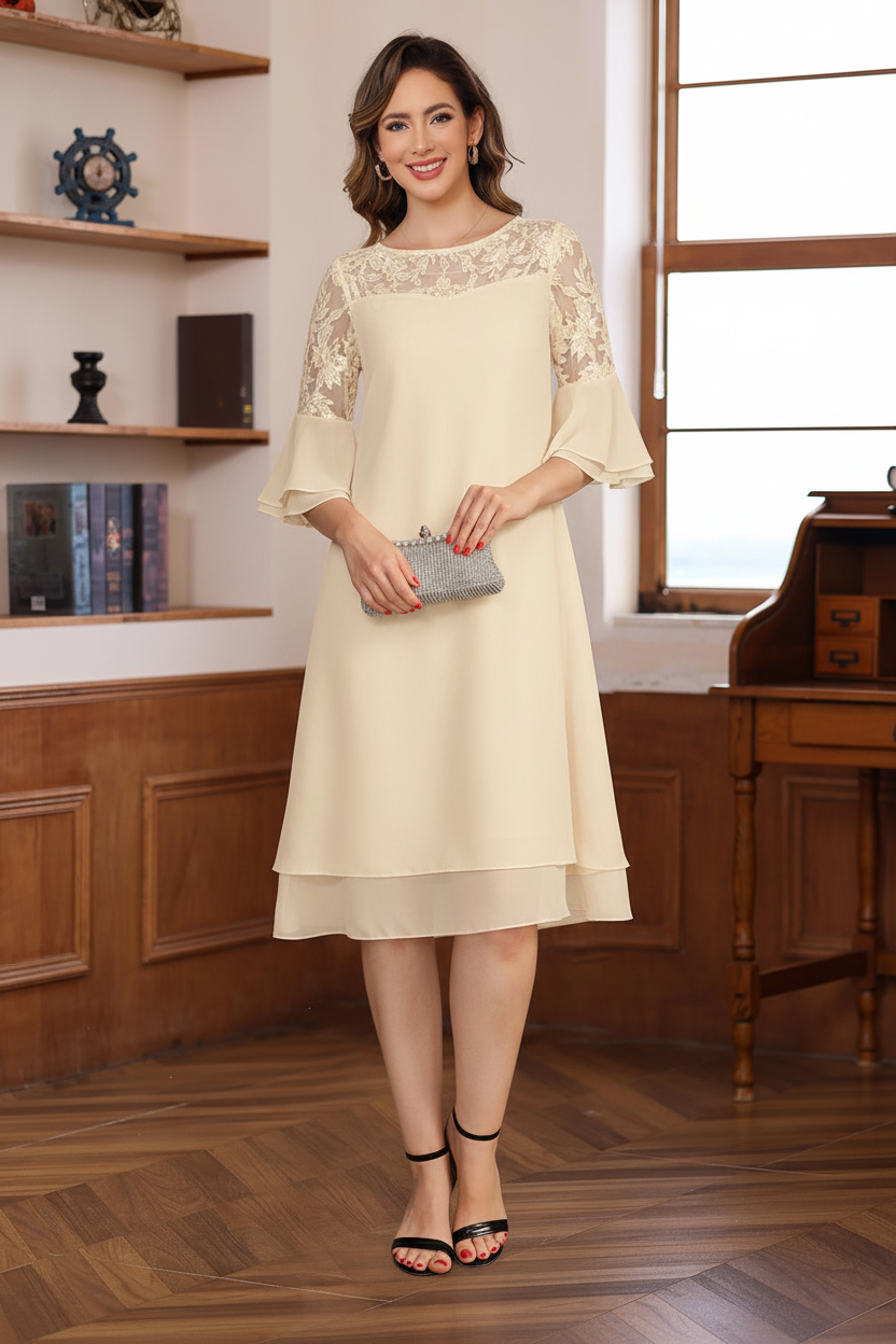 A-Line/Princess Round Neck 1/2 Sleeves Knee Length Mother of the Bride & Groom Dresses with Lace Appliques & Ruffles