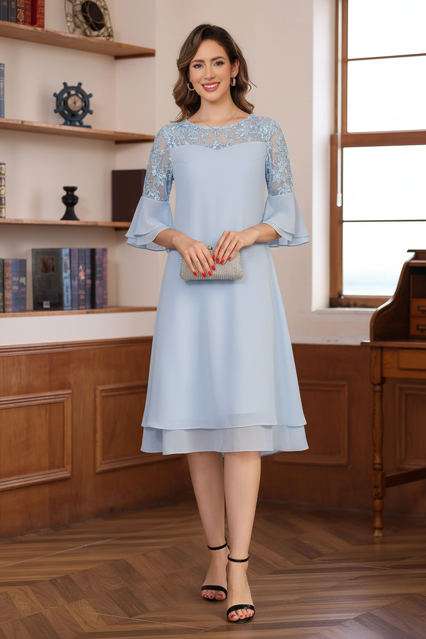 A-Line/Princess Round Neck 1/2 Sleeves Knee Length Mother of the Bride & Groom Dresses with Lace Appliques & Ruffles