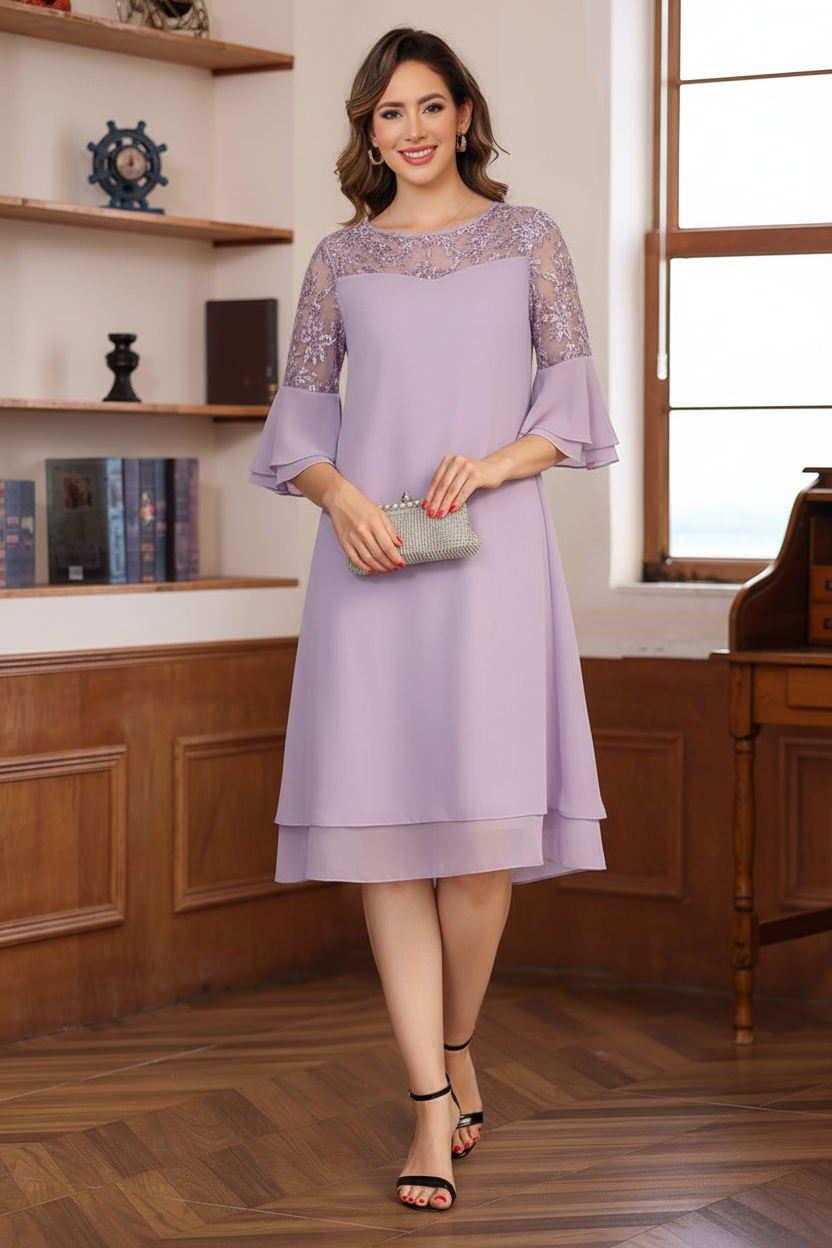 A-Line/Princess Round Neck 1/2 Sleeves Knee Length Mother of the Bride & Groom Dresses with Lace Appliques & Ruffles