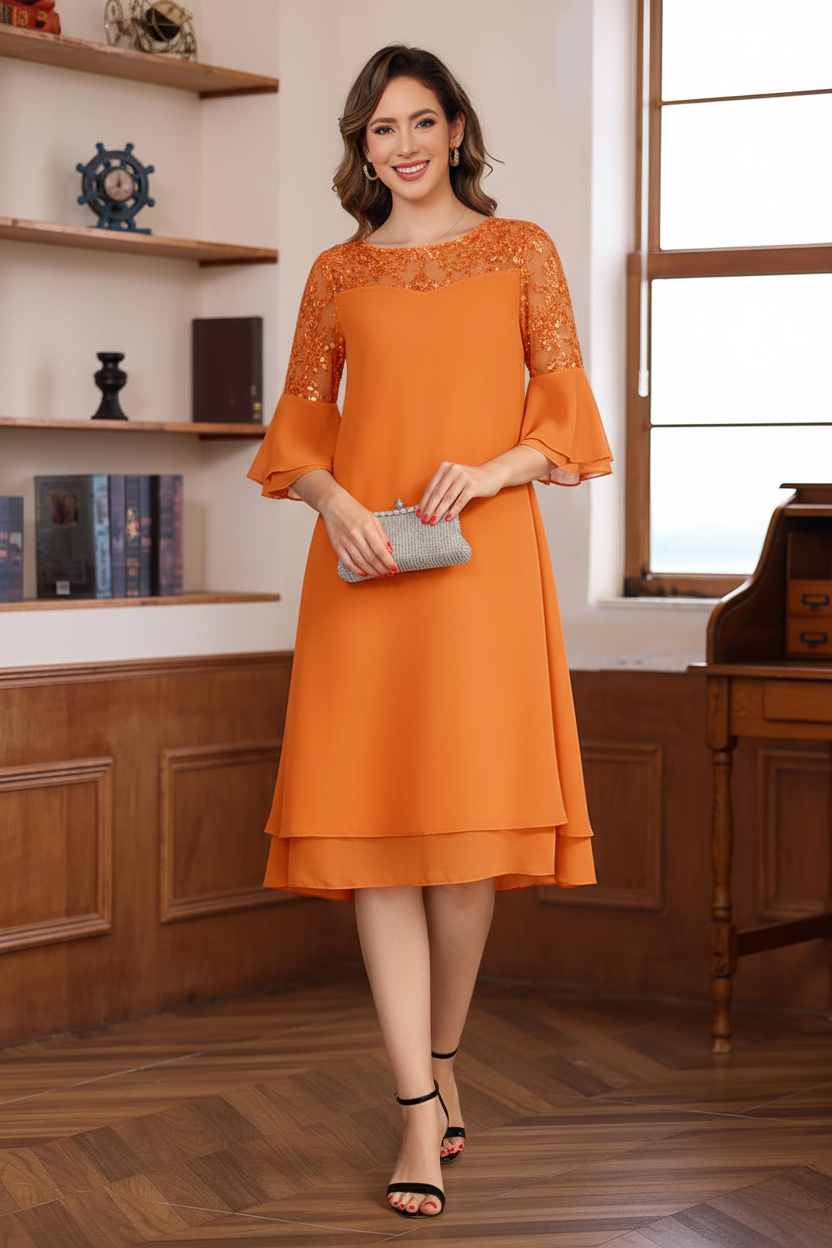 A-Line/Princess Round Neck 1/2 Sleeves Knee Length Mother of the Bride & Groom Dresses with Lace Appliques & Ruffles