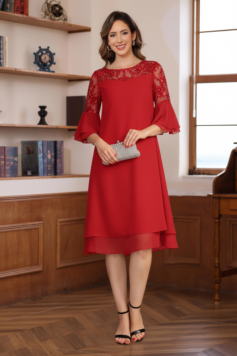 A-Line/Princess Round Neck 1/2 Sleeves Knee Length Mother of the Bride & Groom Dresses with Lace Appliques & Ruffles