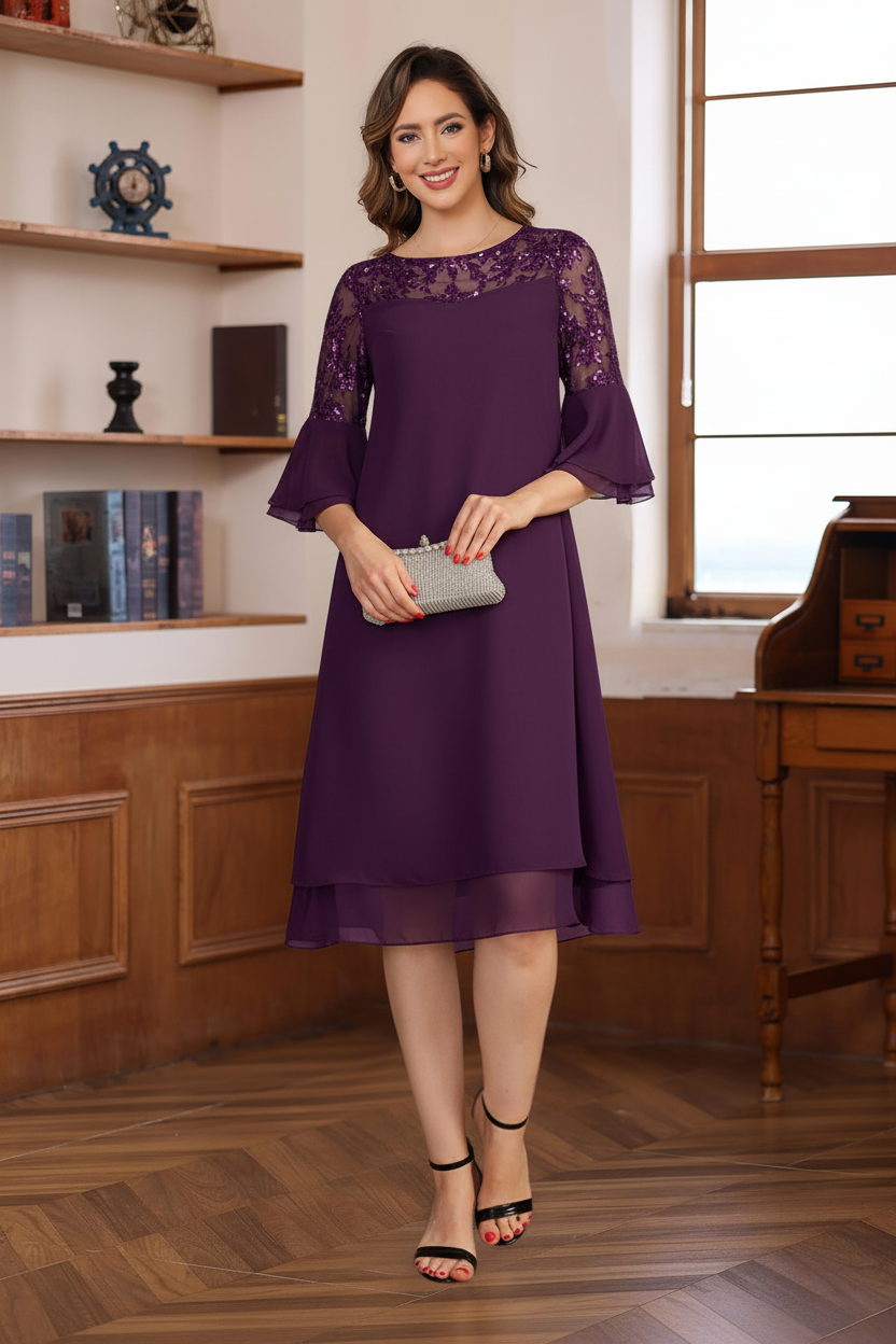 A-Line/Princess Round Neck 1/2 Sleeves Knee Length Mother of the Bride & Groom Dresses with Lace Appliques & Ruffles