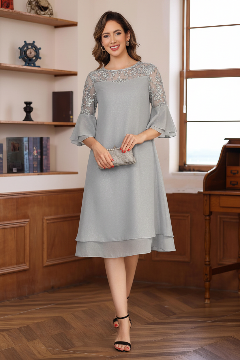 A-Line/Princess Round Neck 1/2 Sleeves Knee Length Mother of the Bride & Groom Dresses with Lace Appliques & Ruffles