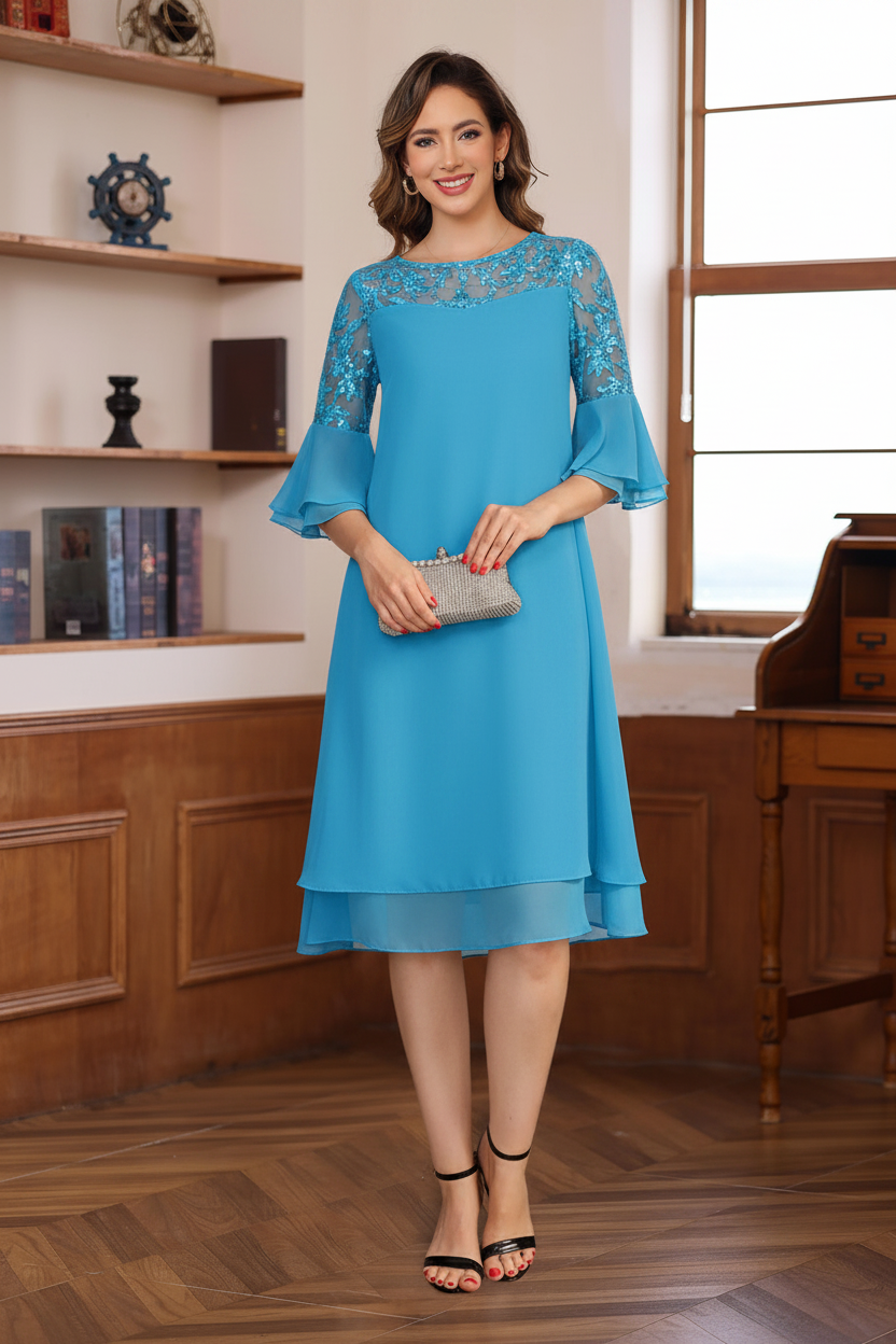 A-Line/Princess Round Neck 1/2 Sleeves Knee Length Mother of the Bride & Groom Dresses with Lace Appliques & Ruffles