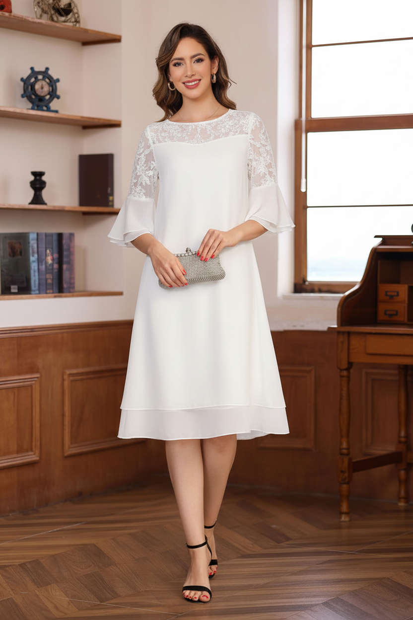 A-Line/Princess Round Neck 1/2 Sleeves Knee Length Mother of the Bride & Groom Dresses with Lace Appliques & Ruffles