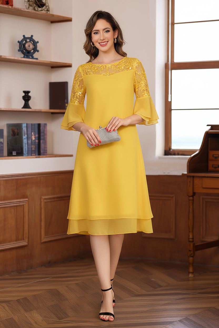 A-Line/Princess Round Neck 1/2 Sleeves Knee Length Mother of the Bride & Groom Dresses with Lace Appliques & Ruffles