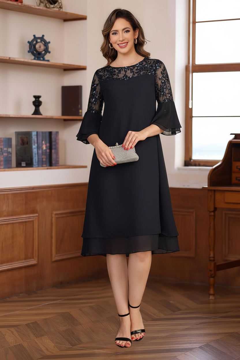 A-Line/Princess Round Neck 1/2 Sleeves Knee Length Mother of the Bride & Groom Dresses with Lace Appliques & Ruffles