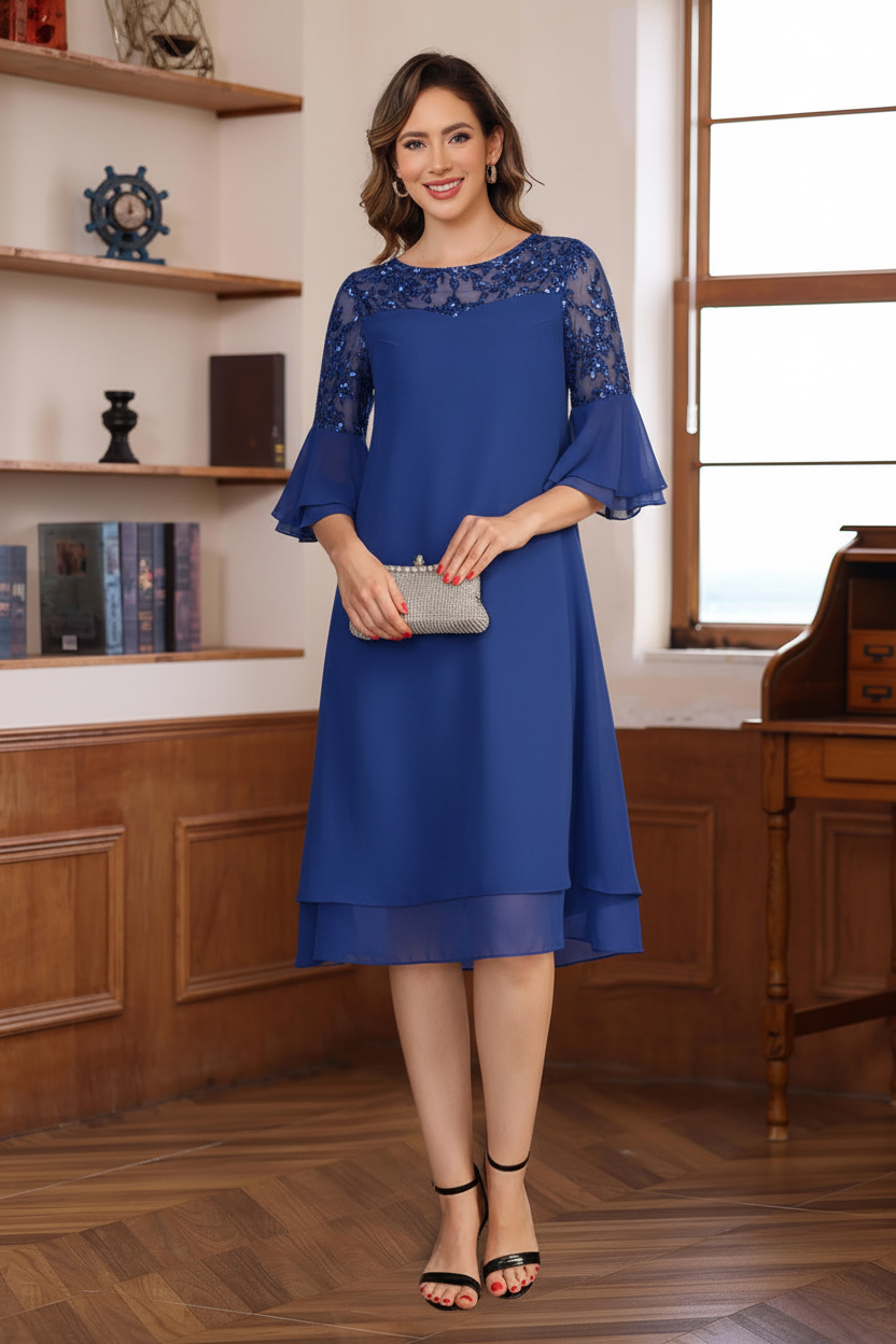 A-Line/Princess Round Neck 1/2 Sleeves Knee Length Mother of the Bride & Groom Dresses with Lace Appliques & Ruffles