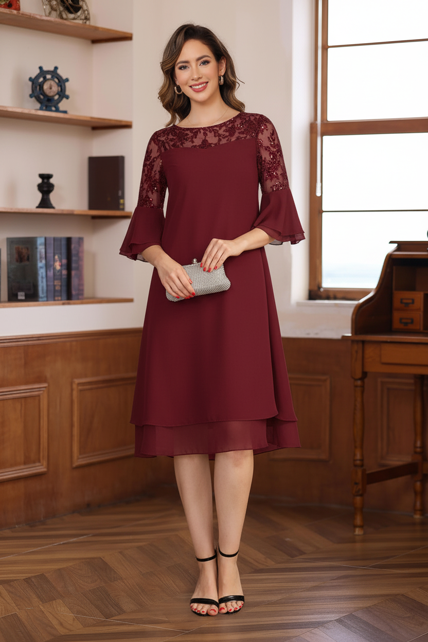A-Line/Princess Round Neck 1/2 Sleeves Knee Length Mother of the Bride & Groom Dresses with Lace Appliques & Ruffles