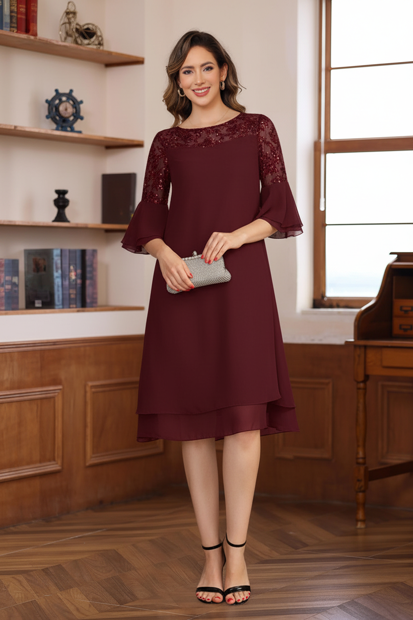 A-Line/Princess Round Neck 1/2 Sleeves Knee Length Mother of the Bride & Groom Dresses with Lace Appliques & Ruffles
