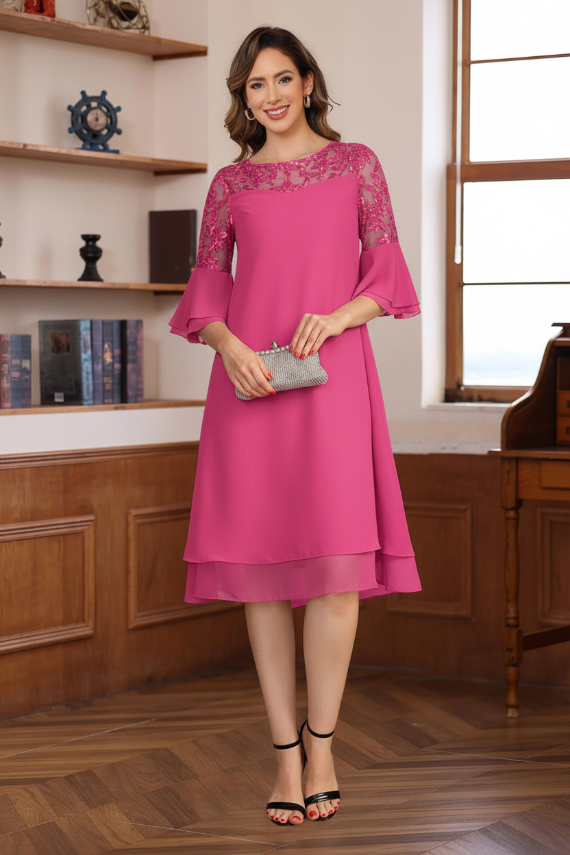 A-Line/Princess Round Neck 1/2 Sleeves Knee Length Mother of the Bride & Groom Dresses with Lace Appliques & Ruffles
