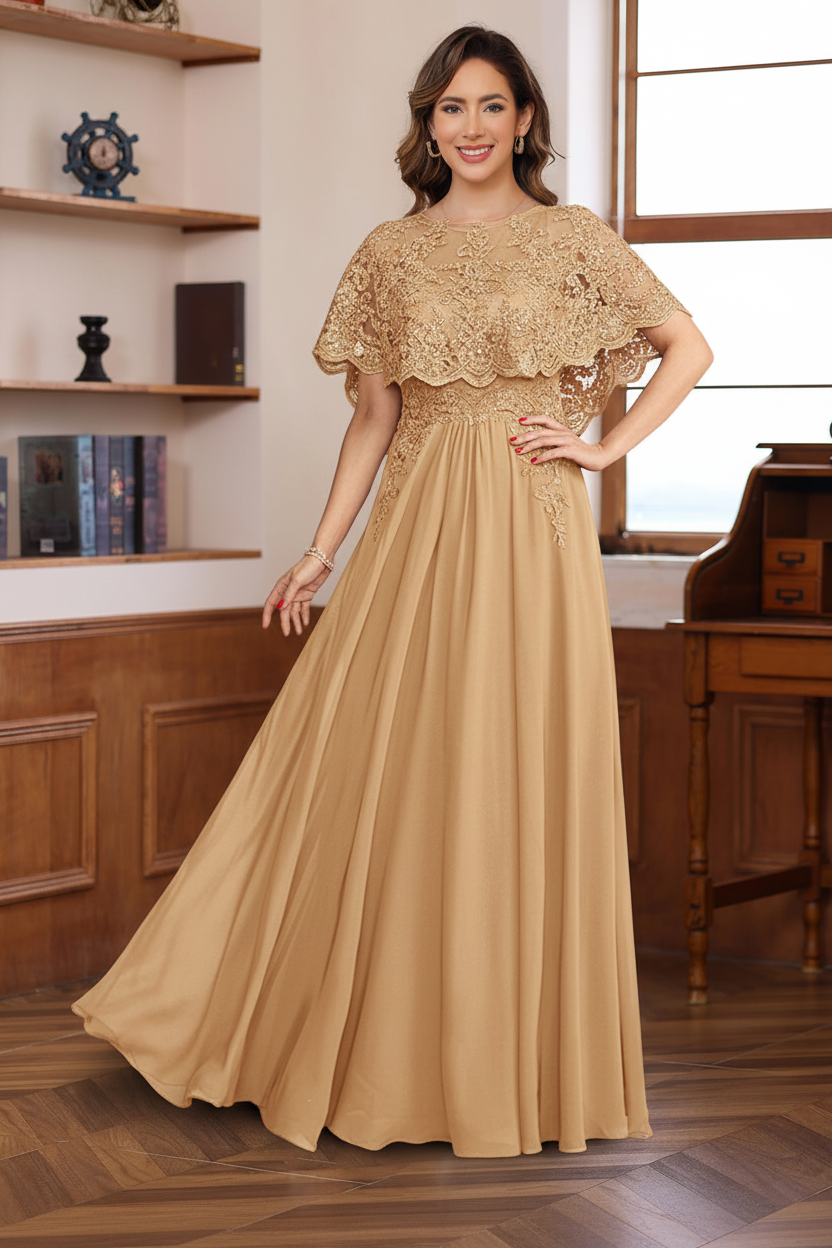 A-Line/Princess Round Neck Floor-Length Elegant Mother of the Bride & Groom Dresses with Lace Appliques